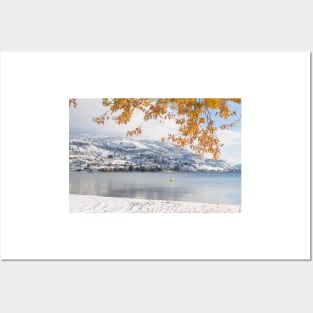 Snow Covered Mountains and Autumn Leaves Reflected in Skaha Lake Posters and Art